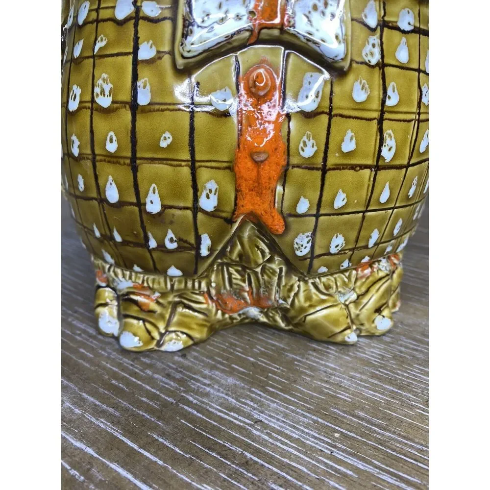 Vintage Owl Cookie Jar Italy Pottery Midcentury Bowtie Glasses Mustard Yellow‎